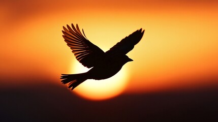 Obraz premium Stunning silhouette of a house sparrow flying against a deep orange sunset sky its shape outlined by the warm glow
