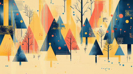 Obraz premium Abstract Illustration of a Vibrant Forest Canopy with Geometric Triangles in Yellow, Orange, and Blue, Featu Stylized Trees and Scattered Shapes