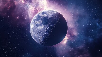 Fototapeta premium Celestial Orb: A cosmic ballet of nebulae and a lunar-like planet