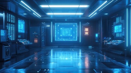 Fototapeta premium Futuristic data center room with glowing screens and technology