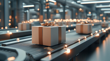 Parcel on conveyor, high-tech logistics center, preparing for e-commerce delivery.