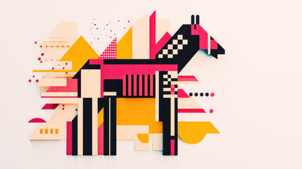 Obraz premium Vibrant geometric illustration of a stylized horse design in pink, black, and yellow shapes with ample copy space for creative text placement ideas