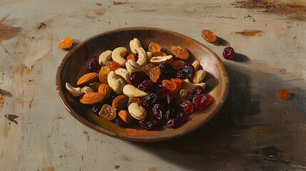 Fototapeta premium A bowl of mixed nuts and raisins sits on a wooden table