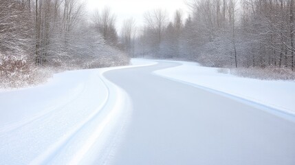 A snow-covered path winds through a winter forest. The path is smooth, showing tire tracks. Bare trees line the path, covered in snow. The image is high-quality, with soft, diffused light. It has a