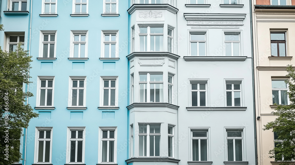 Poster renovated apartment building showing modern european architecture