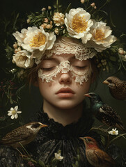 Whimsical Art Portrait with Dreamy Flower Crown and Lace Mask, Capturing the Beauty in Nature with Vibrant Birds and Botanical Elements in Fine Art Photography