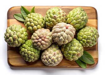 Fototapeta premium Aromatic Cherimoya Fruits on Wooden Cutting Board with Fresh Green Leaves