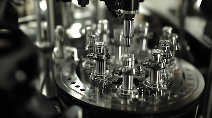 Mechanical arms assembling robotic arms for autonomous polishing of metal surfaces in a precision metal fabrication plant, robotic arms fitting polishing wheels, cleaning jets