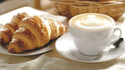 A plate of croissants and a cup of coffee sit on a table