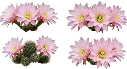 Fototapeta premium Four blossoming cactus groupings isolated against a pristine backdrop showcasing elegant botanical beauty