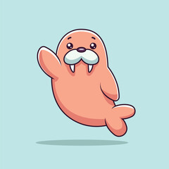 Cute Walrus Waving Hand Cartoon Vector Icon Illustration. Animal Nature Icon Concept Isolated Premium Vector. Flat Cartoon Style