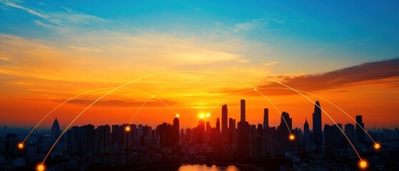 Fototapeta premium Sunrise over a city skyline with digital connections and vibrant colors.