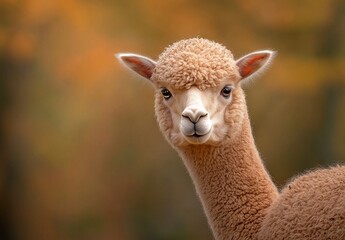 Obraz premium Adorable Young Alpaca with Soft Wool and Gentle Expression Against a Warm Autumn Background