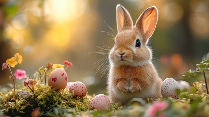 Cute bunny amidst grass, flowers, and Easter eggs in a sunlit meadow scene
