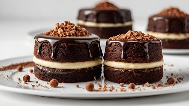 Round Chocolate Cakes with Creamy Filling Isolated on White Background
