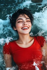 Obraz premium Happy stress-free travel getaway concept design. Attractive and hot happy middle eastern young woman in red tight t-shirt enjoying turquoise sea, splashes around her. Bright Ñommercial st.