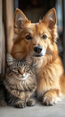 Dog and Cat Sitting Together, Playful Companionship in Minimal Setting