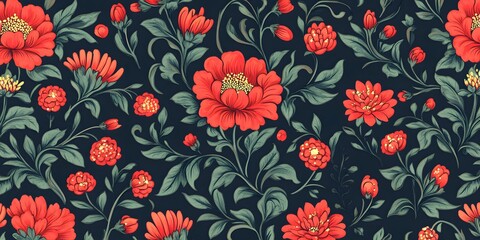 Red Floral Seamless Pattern Dark Background Botanical Design