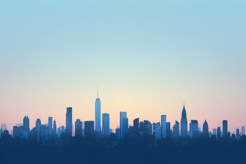 Obraz premium City skyline silhouette against a soft blue and pink gradient sky at dawn.
