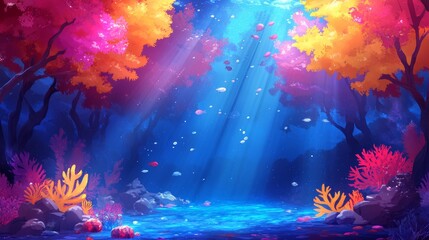 Obraz premium cartoon art 3D underwater treasures among hot lava at the base of mountains thick with yellowish red trees illustration background --ar 16:9 --style raw --profile ynktqqk mauyv6i --v 6.1
