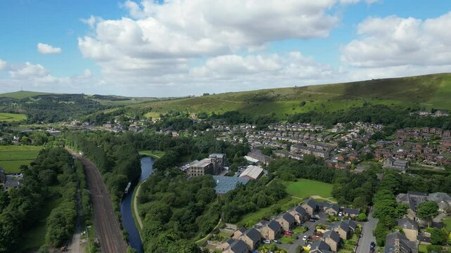 Aerial view of the Uppermill village in the civil parish of Saddleworth, Greater Manchester, England