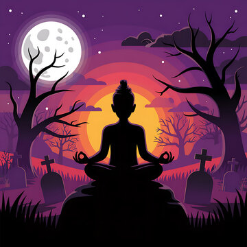 Monge meditando sob a lua cheia em um cemit&eacute;rio
