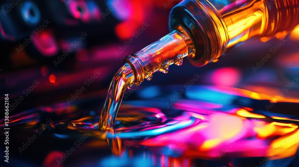 Poster surreal macro shot of vibrant fuel flowing into a car engine with glowing neon liquid and smooth tex