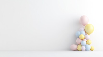 A cluster of pastel-colored balloons arranged in a corner against a plain white wall, minimalist and modern composition, and soft pastel tones.