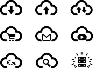 Set of 9 cloud logo icon sign symbol with download upload shopping cart email play video movie, search and server with 