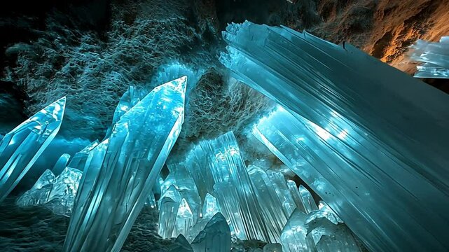 Crystal Cave: A mesmerizing view of giant selenite crystals illuminating an underground cavern, showcasing nature's artistry and geological wonders.
