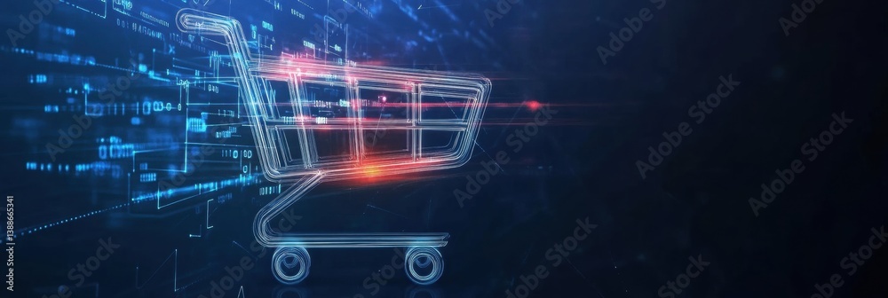 Leinwandbilder futuristic shopping cart icon illuminated by digital lines on a deep blue gradient background repres