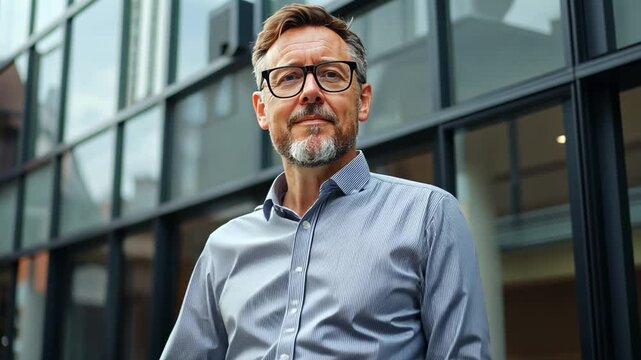 Modern Business Leader: A seasoned executive, sporting glasses and a composed demeanor, stands confidently amidst the clean lines of a modern corporate structure.