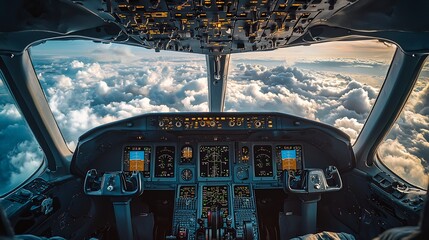 Airplane cockpit view cloud below travel photography style cinematic depth of field