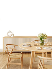 Free PNG wallpaper mockup in Interior Dining Room, Elegant Scandinavian Dining Room with Wooden Furniture and Natural Light., 3D rendering	
