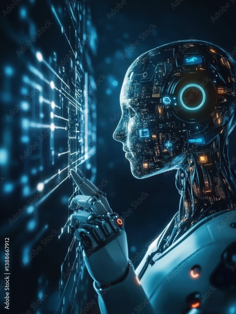 Aufkleber Engaging with advanced artificial intelligence technology through a smart robot and command prompt in a futuristic environment