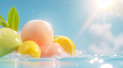 Assortment of colorful fresh fruits floating in crystal clear water, refreshing display