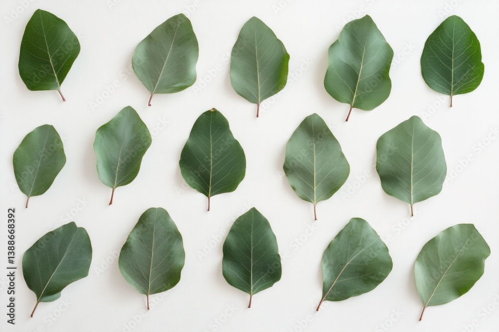Leinwandbilder Structured flat-lay of eucalyptus leaves creating a fresh botanical aesthetic on a soft white surface