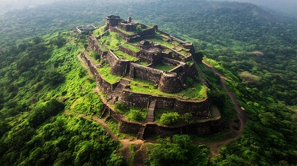Aerial view of a mighty hilltop fortress in Maharashtra surrounded by lush greenery showcasing its historic significance and bequest
