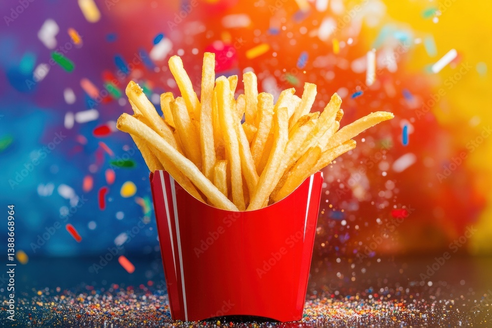 Poster vibrant display of golden crispy french fries in a classic red container surrounded by colorful spla