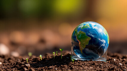 Small sprouts emerge from fertile soil alongside a miniature globe, symbolizing growth and environmental awareness. Earth's fragility and the promise of new life are subtly represented.