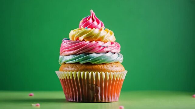 A cupcake with colorful frosting on green screen