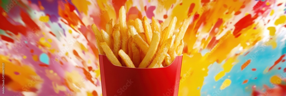 Poster crispy golden french fries in a red container amid bright color splashes in a fast food setting