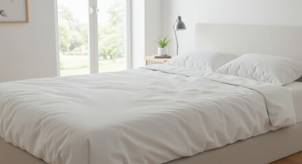 Serene Bedroom Interior Featuring White Bedding and Natural Light from Window