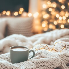 Cozy Winter Hygge Scene: Hot Drink on Knit Blanket with Christmas Lights