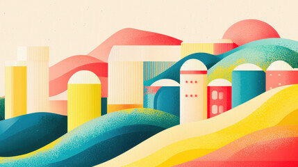 Fototapeta premium Vibrant stylized illustration of a picturesque hillside village amidst colorful rolling hills with ample copy space for text and creative projects in mind