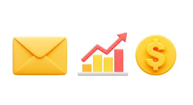 Yellow envelope beside a bar graph with arrow and a dollar coin on a black background illustration png