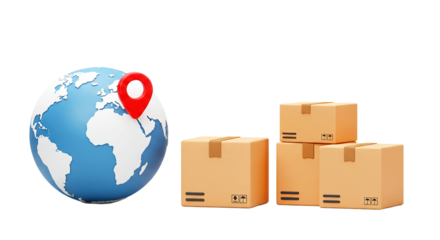 Globe with red pin and stack of cardboard boxes against a black background shipping and delivery concept png
