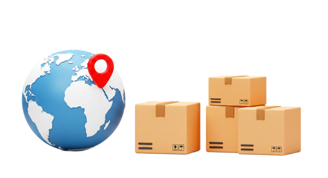 Globe with red pin and stack of cardboard boxes against a black background shipping and delivery concept png