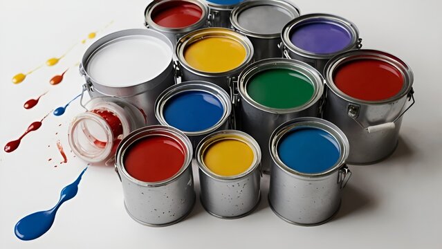Assorted Open Paint Cans with Brushes on White Background