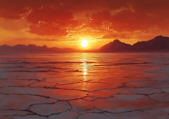 Sunset over cracked salt flats.